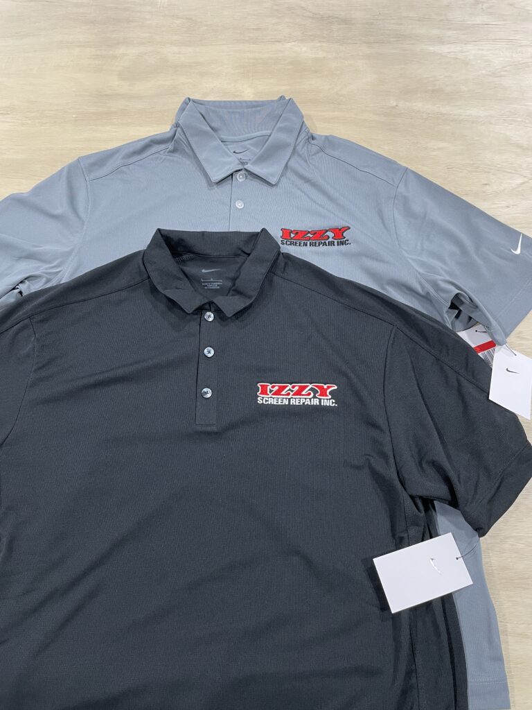 Nike performance polos embroidered with a contractor company logo on the left chest