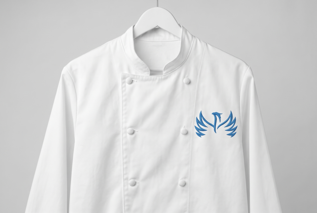 White double-breasted chef coat with an embroidered left-chest logo, product mockup for restaurant uniforms in Naples, FL