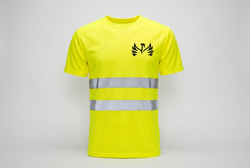 Safety-yellow hi-vis performance t-shirt with reflective stripes and a screen printed left-chest logo, product mockup for construction workwear in Naples, FL